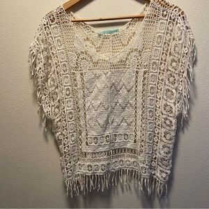 Mauricies Womens Sheer Crochet Lace Blouse Fridge White Floral Top Size S